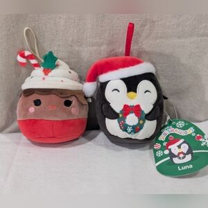 Squishmallows NWT Luna Penguin & NWOT Sivi Hot Cocoa Ornaments Plush Christmas